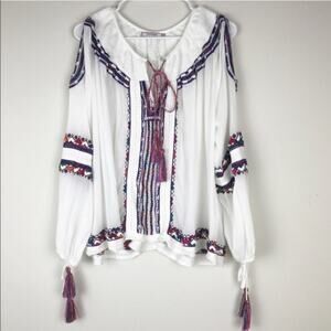 Pia Pauro Smocked Embroidered Open Shoulder Top